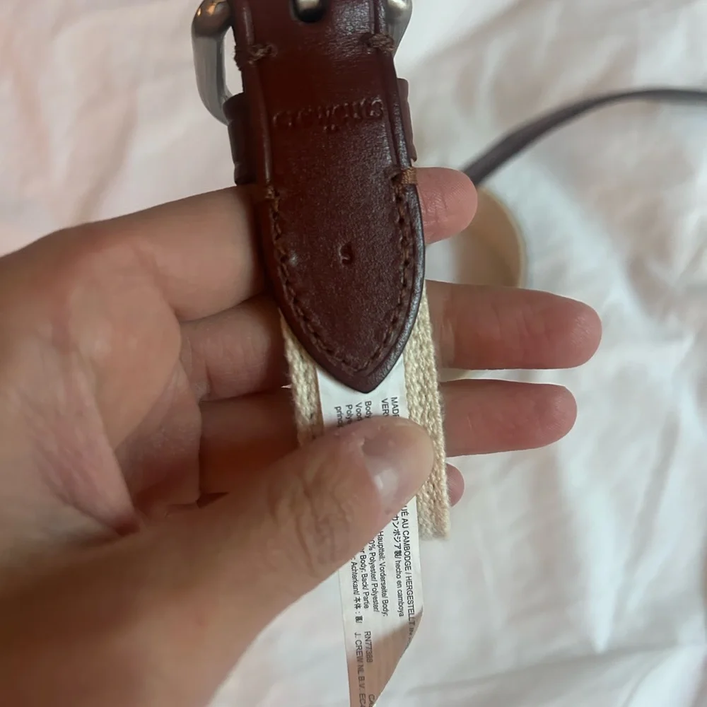 J. Crew Factory Navy Fish-Print Canvas Belt with Brown Leather Trim